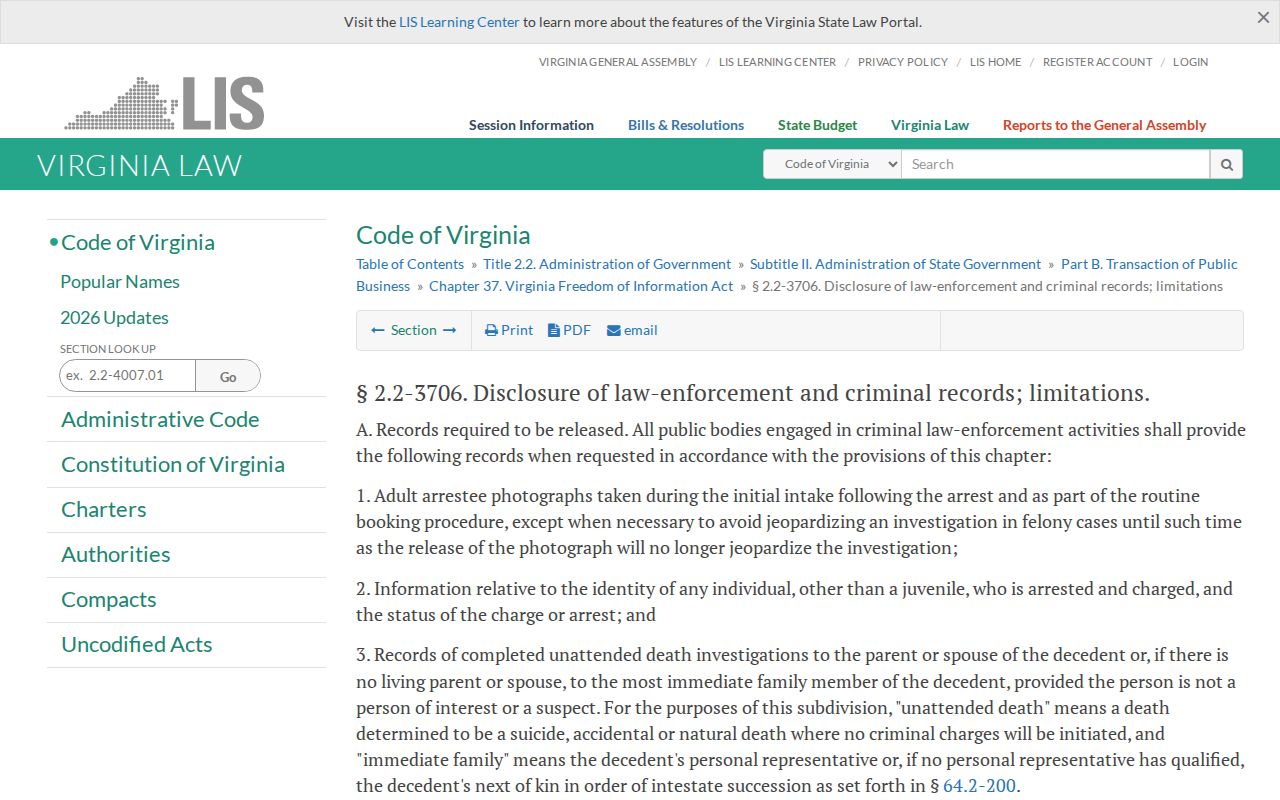 Virginia adult booking-photo access statute for Lynchburg records